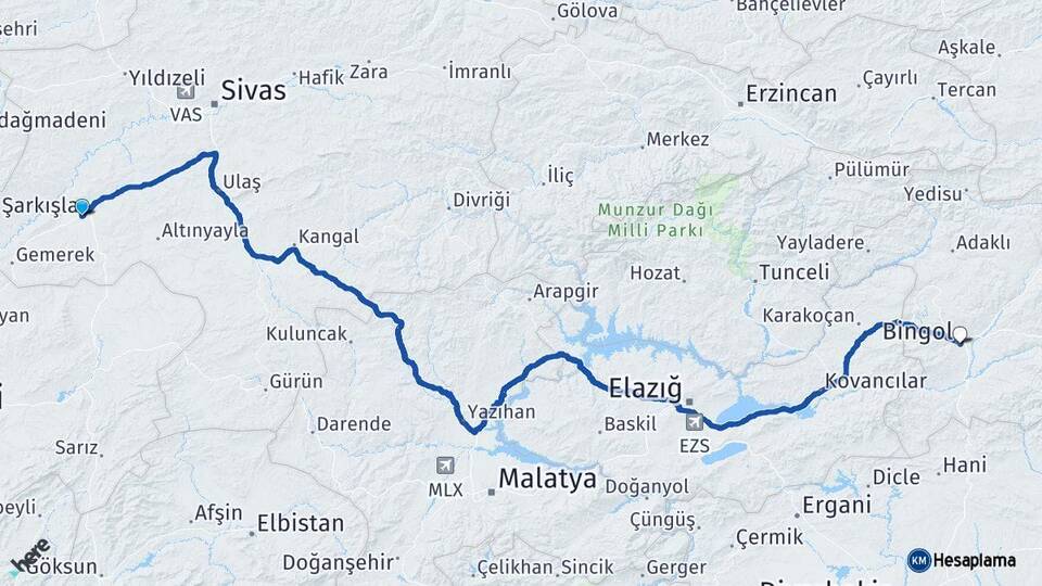 Sivas Şarkışla Bingöl Arası Kaç Km - Yol Haritası