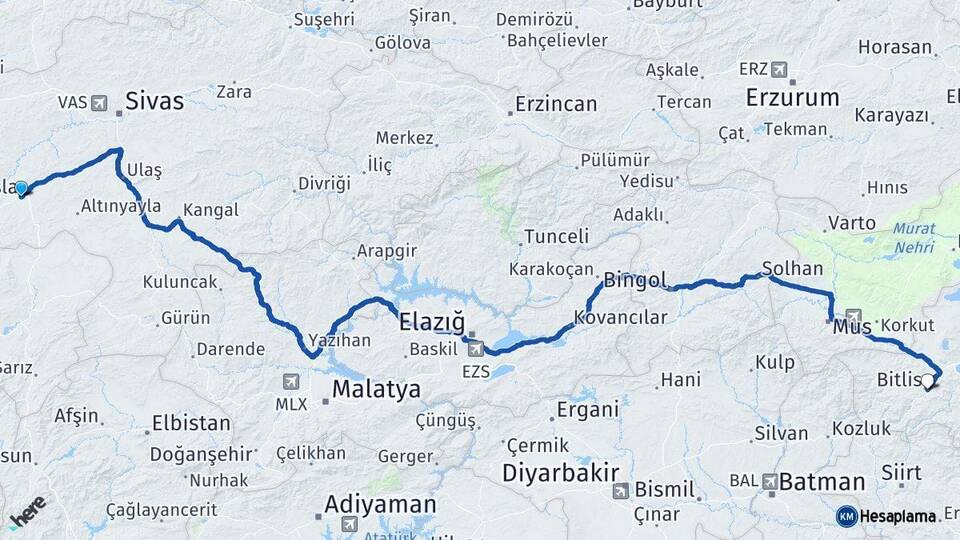 Sivas Şarkışla Bitlis Arası Kaç Km - Yol Haritası
