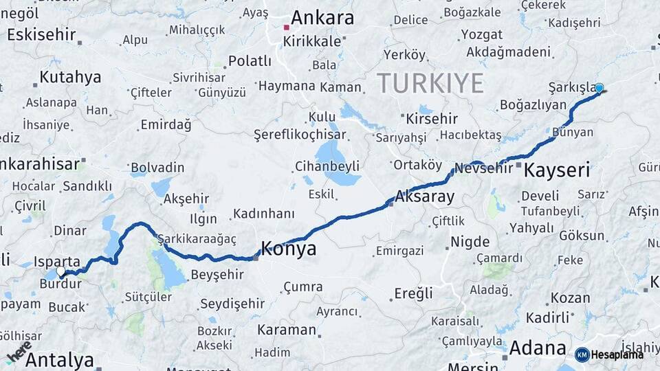 Sivas Şarkışla Burdur Arası Kaç Km - Yol Haritası