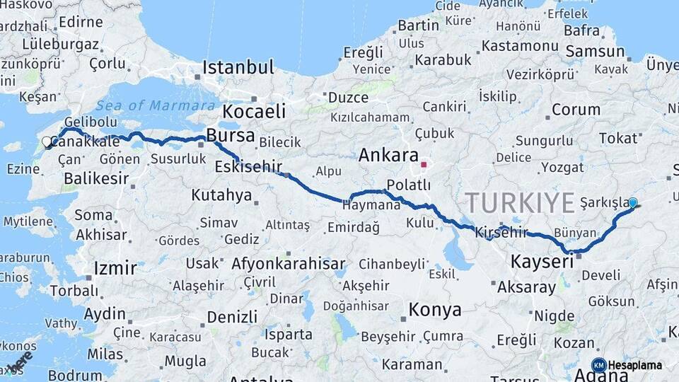 Sivas Şarkışla Çanakkale Arası Kaç Km - Yol Haritası