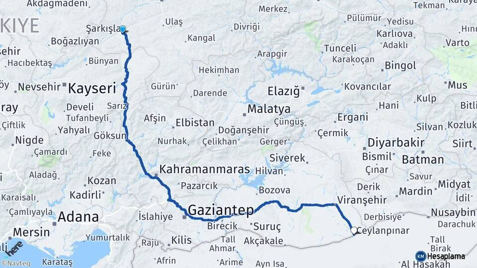 Sivas Şarkışla Ceylanpınar Şanlıurfa Arası Kaç Km - Yol Haritası