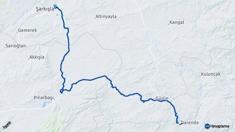 Sivas Şarkışla Darende Malatya Arası Kaç Km - Yol Haritası