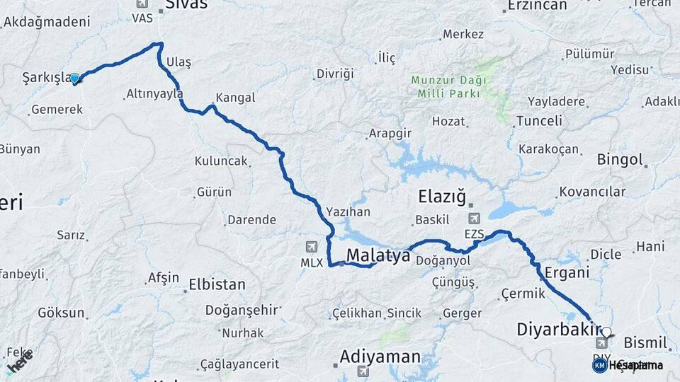 Sivas Şarkışla Diyarbakır Arası Kaç Km - Yol Haritası