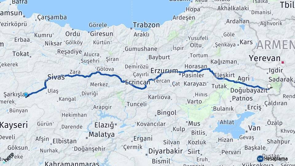 Sivas Şarkışla Doğubayazıt Ağrı Arası Kaç Km - Yol Haritası
