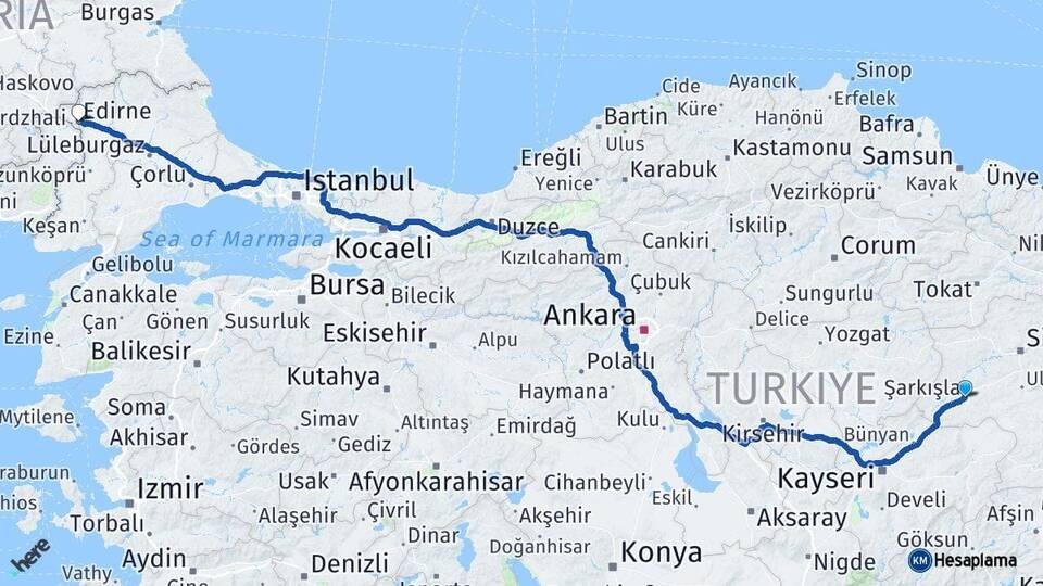 Sivas Şarkışla Edirne Arası Kaç Km - Yol Haritası
