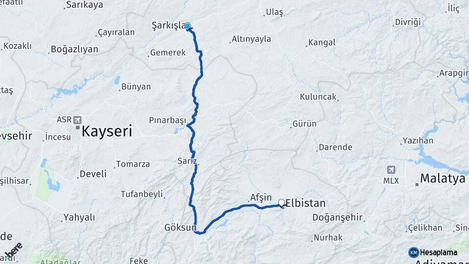 Sivas Şarkışla Elbistan Kahramanmaraş Arası Kaç Km - Yol Haritası