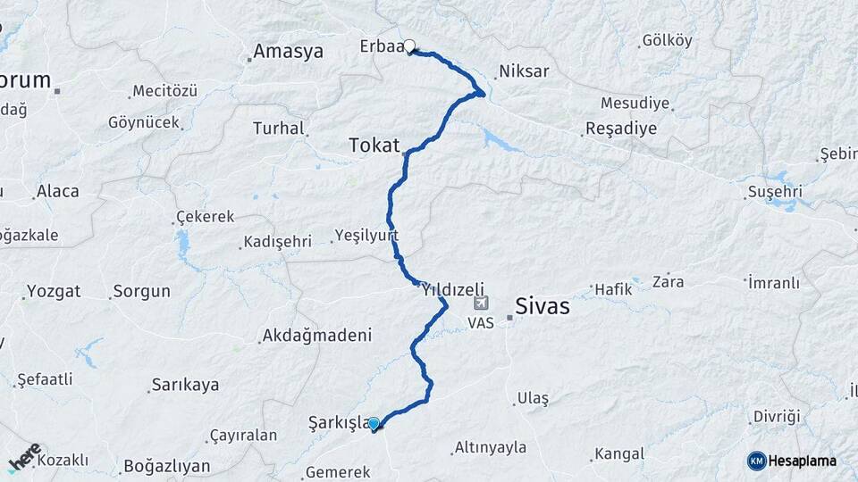 Sivas Şarkışla Erbaa Tokat Arası Kaç Km - Yol Haritası