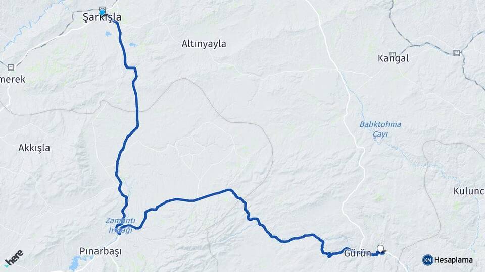 Sivas Şarkışla Gökpınar Gürün Arası Kaç Km - Yol Haritası