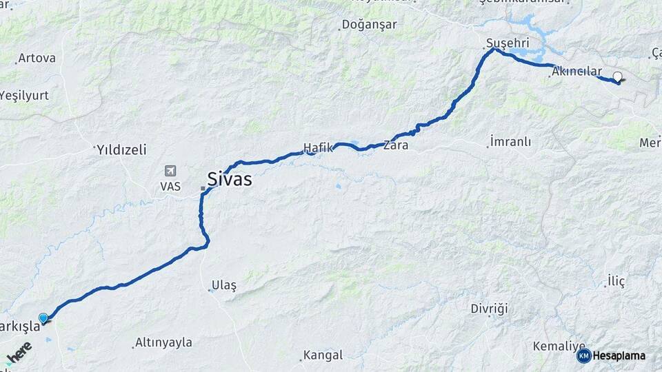 Sivas Şarkışla Gölova Arası Kaç Km - Yol Haritası