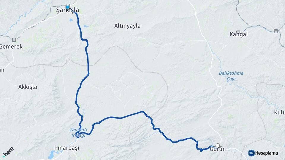 Sivas Şarkışla Gürün Arası Kaç Km - Yol Haritası