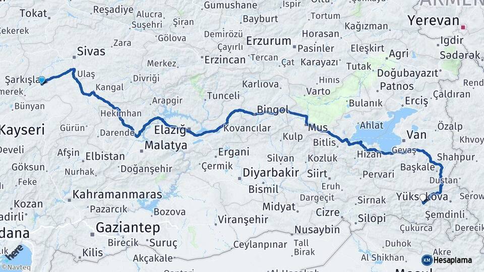 Sivas Şarkışla Hakkari Arası Kaç Km - Yol Haritası