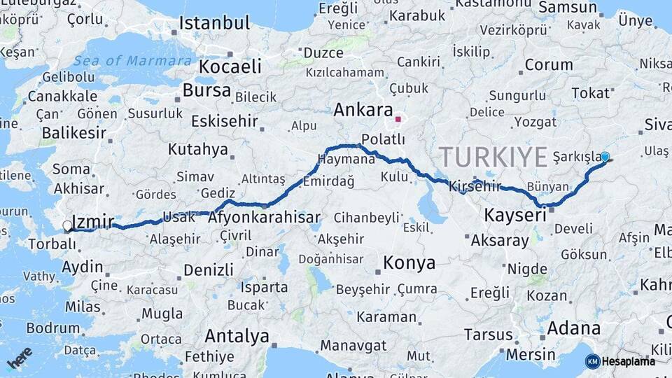 Sivas Şarkışla İzmir Arası Kaç Km - Yol Haritası