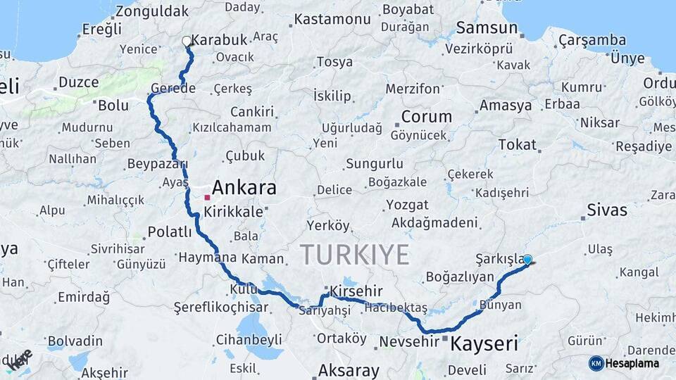 Sivas Şarkışla Karabük Arası Kaç Km - Yol Haritası