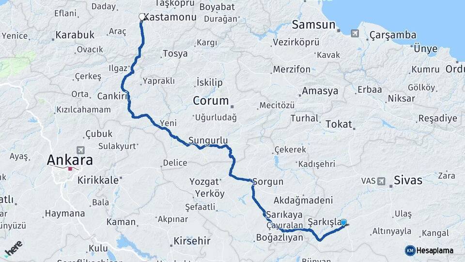 Sivas Şarkışla Kastamonu Arası Kaç Km - Yol Haritası