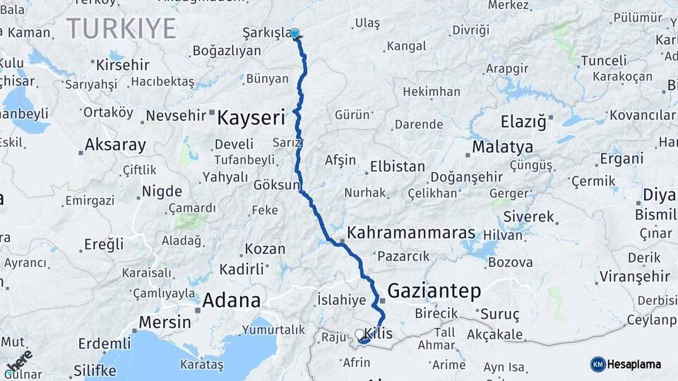 Sivas Şarkışla Kilis Arası Kaç Km - Yol Haritası