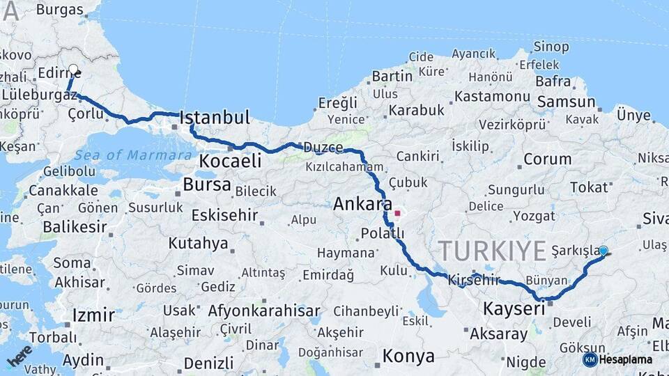 Sivas Şarkışla Kırklareli Arası Kaç Km - Yol Haritası