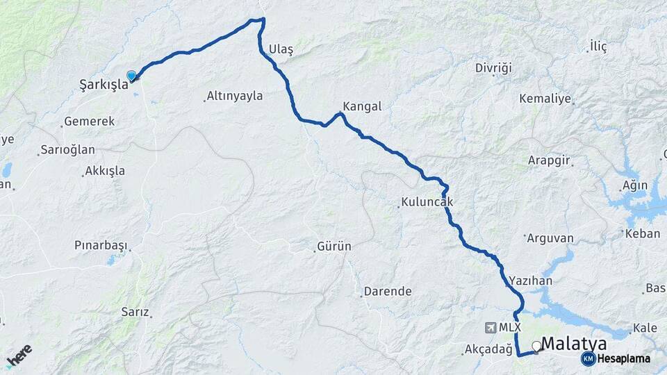 Sivas Şarkışla Malatya Arası Kaç Km - Yol Haritası