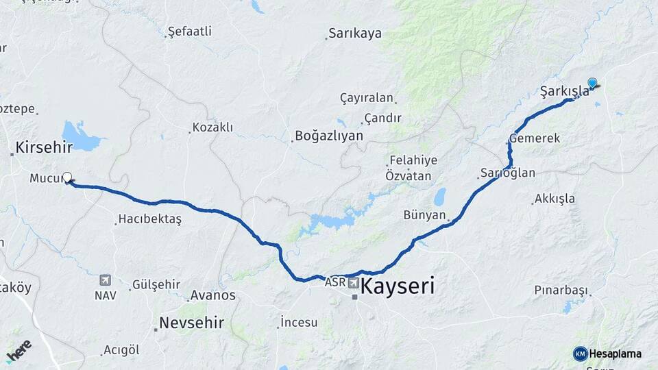Sivas Şarkışla Mucur Kırşehir Arası Kaç Km - Yol Haritası