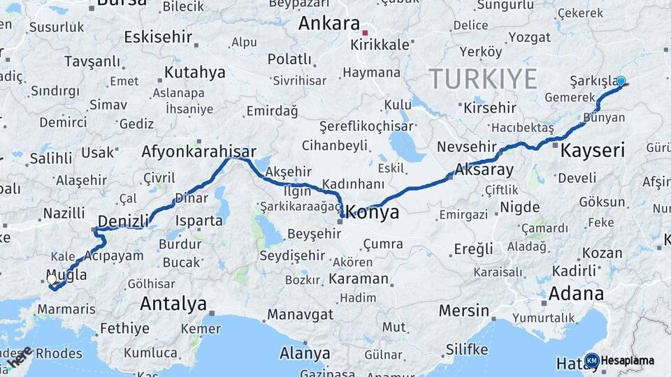 Sivas Şarkışla Muğla Arası Kaç Km - Yol Haritası