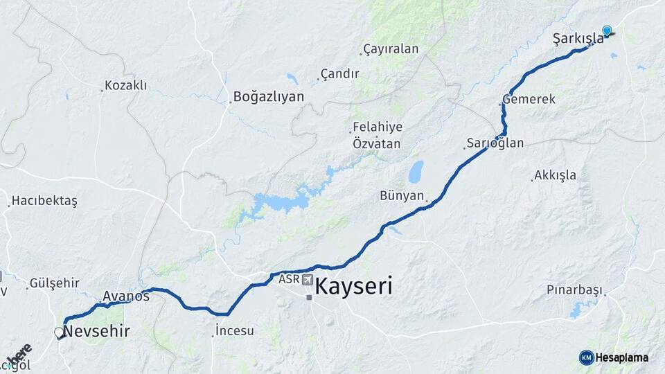 Sivas Şarkışla Nevşehir Arası Kaç Km - Yol Haritası
