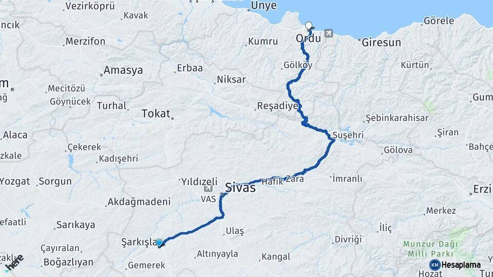 Sivas Şarkışla Ordu Arası Kaç Km - Yol Haritası
