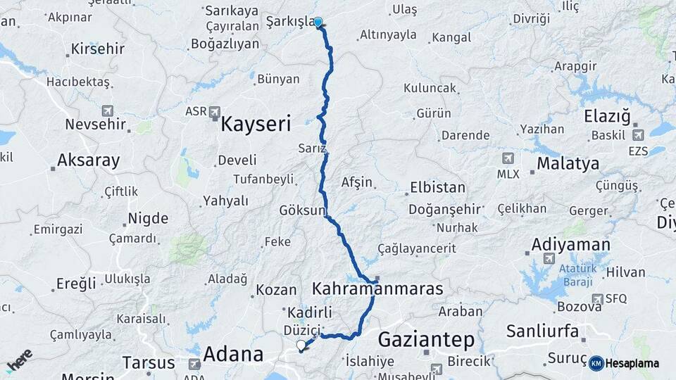 Sivas Şarkışla Osmaniye Arası Kaç Km - Yol Haritası