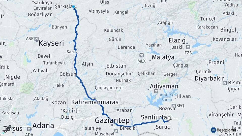 Sivas Şarkışla Şanlıurfa Arası Kaç Km - Yol Haritası