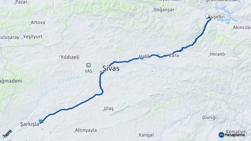 Sivas Şarkışla Suşehri Arası Kaç Km - Yol Haritası