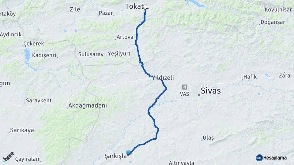 Sivas Şarkışla Tokat Arası Kaç Km - Yol Haritası