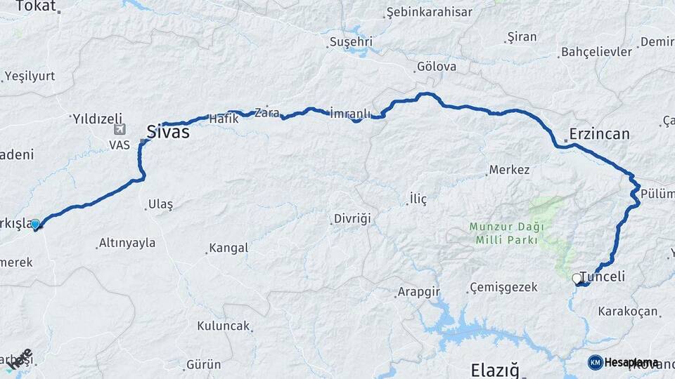 Sivas Şarkışla Tunceli Arası Kaç Km - Yol Haritası