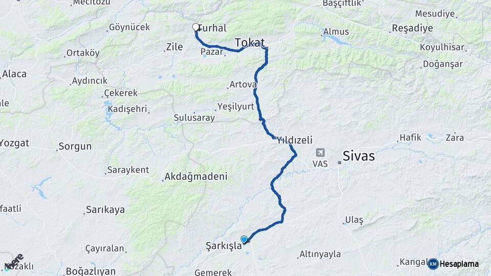 Sivas Şarkışla Turhal Tokat Arası Kaç Km - Yol Haritası
