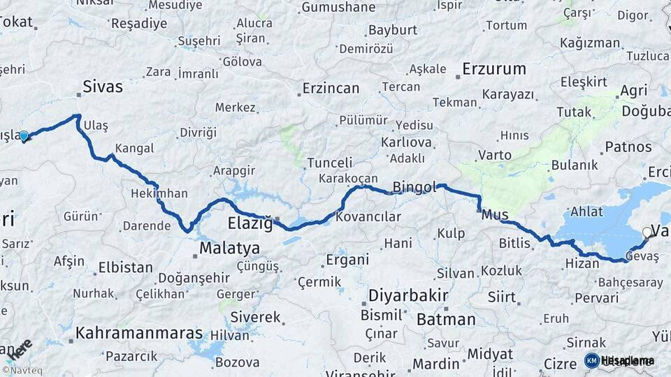 Sivas Şarkışla Van Arası Kaç Km - Yol Haritası