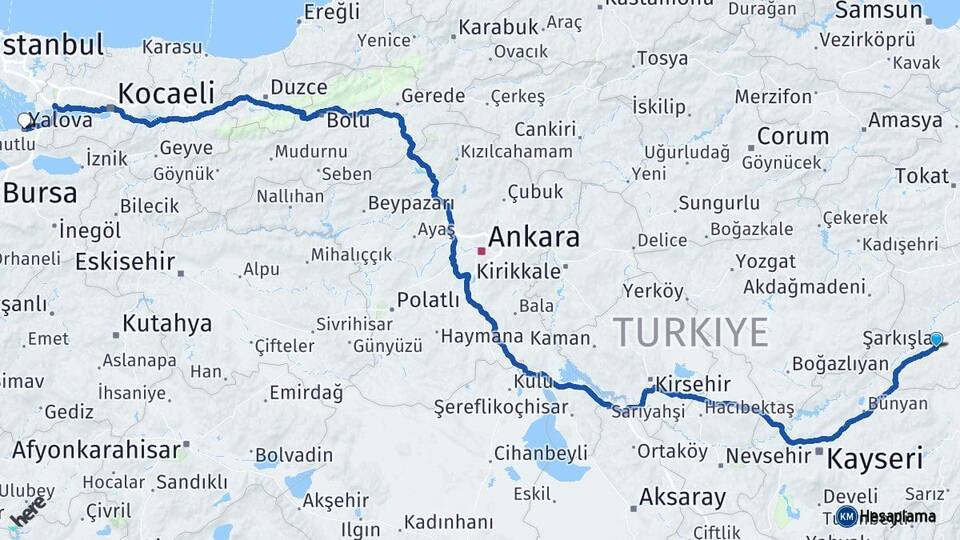 Sivas Şarkışla Yalova Arası Kaç Km - Yol Haritası
