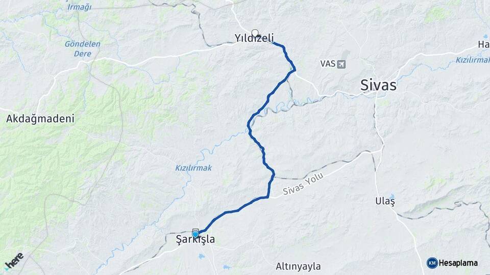 Sivas Şarkışla Yıldızeli Arası Kaç Km - Yol Haritası