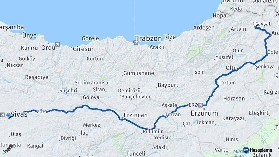 Sivas Şavşat Artvin Arası Kaç Km - Yol Haritası