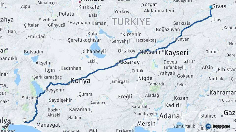Sivas Serik Antalya Arası Kaç Km - Yol Haritası