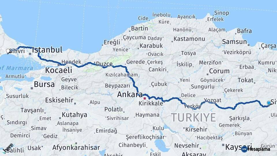 Sivas Silivri İstanbul Arası Kaç Km - Yol Haritası