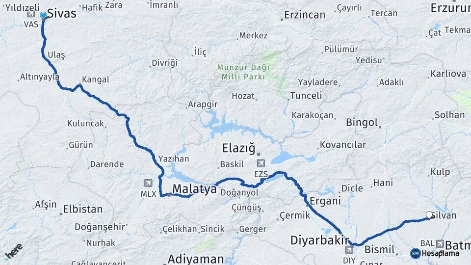 Sivas Silvan Diyarbakır Arası Kaç Km - Yol Haritası