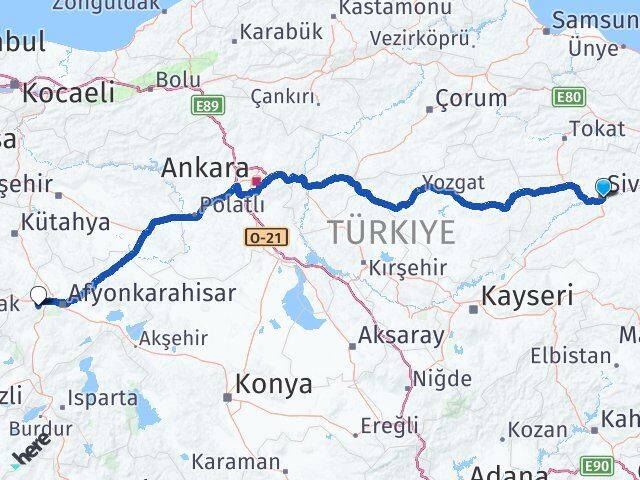 Sivas Sinanpaşa Afyonkarahisar Arası Kaç Km - Yol Haritası
