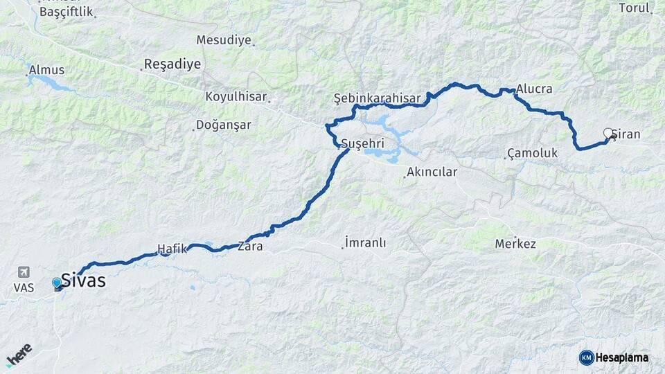 Sivas Şiran Gümüşhane Arası Kaç Km - Yol Haritası