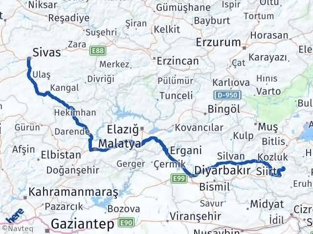 Sivas Şirvan Siirt Arası Kaç Km - Yol Haritası