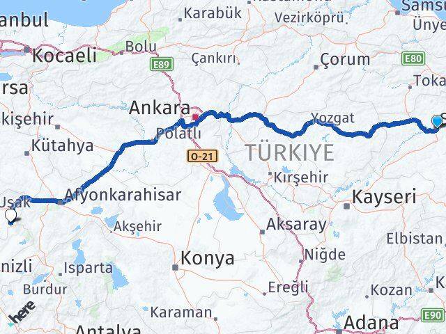 Sivas Sivaslı Uşak Arası Kaç Km - Yol Haritası