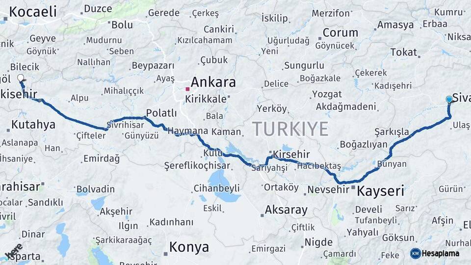 Sivas Söğüt Bilecik Arası Kaç Km - Yol Haritası