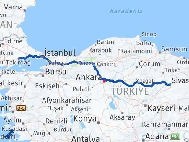 Sivas Süleymanpaşa Tekirdağ Arası Kaç Km - Yol Haritası