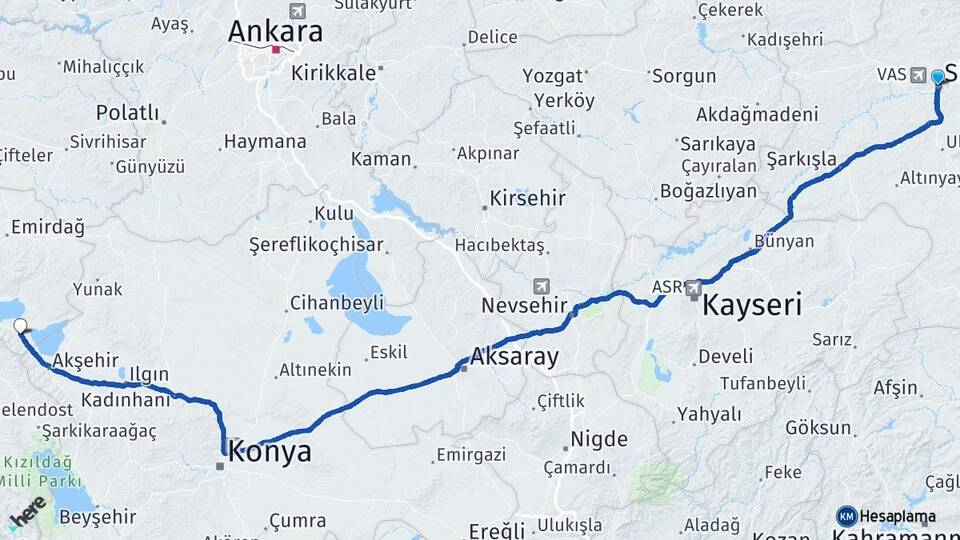 Sivas Sultandağı Afyonkarahisar Arası Kaç Km - Yol Haritası
