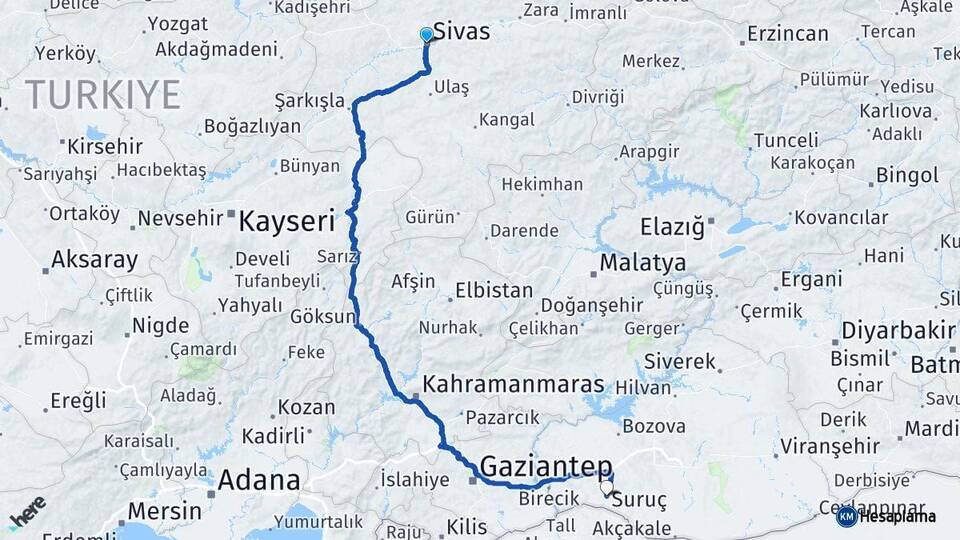 Sivas Suruç Şanlıurfa Arası Kaç Km - Yol Haritası