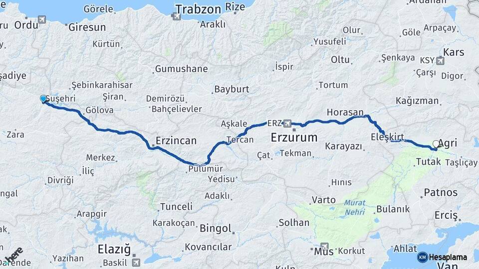 Sivas Suşehri Ağrı Arası Kaç Km - Yol Haritası