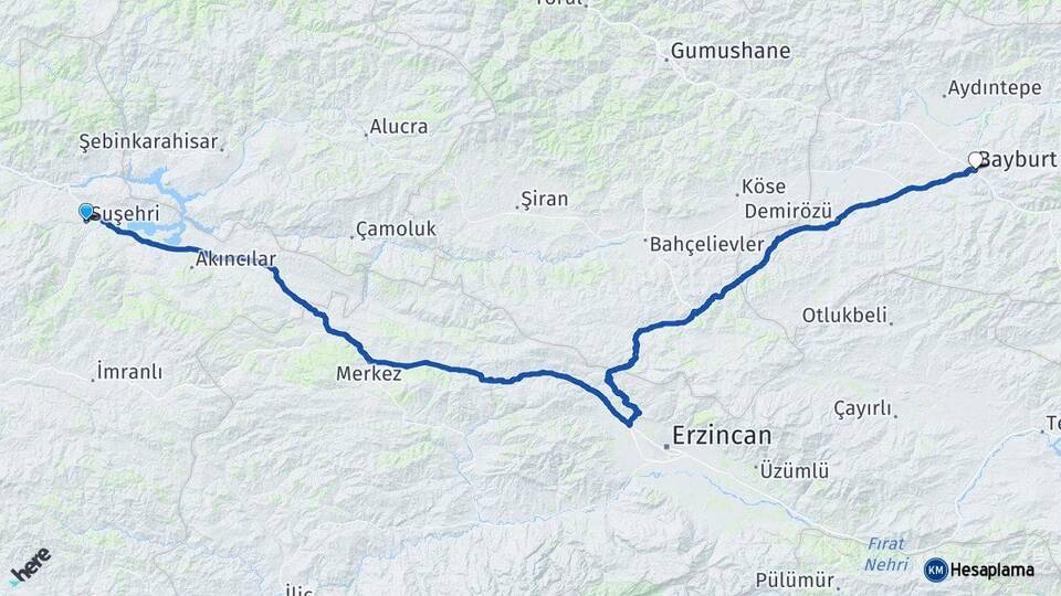 Sivas Suşehri Bayburt Arası Kaç Km - Yol Haritası