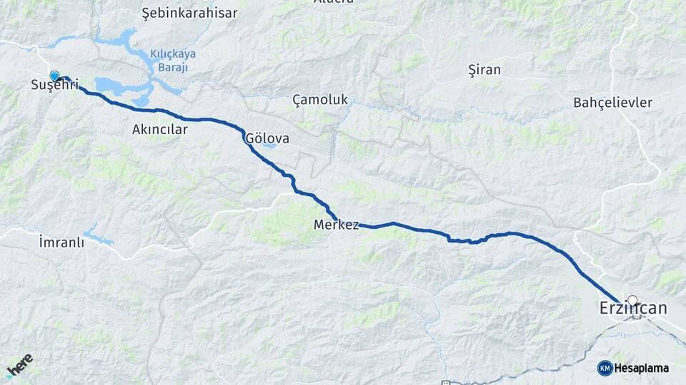Sivas Suşehri Erzincan Arası Kaç Km - Yol Haritası