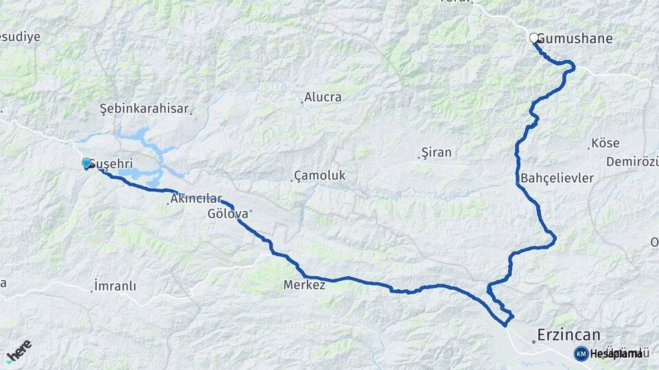 Sivas Suşehri Gümüşhane Arası Kaç Km - Yol Haritası